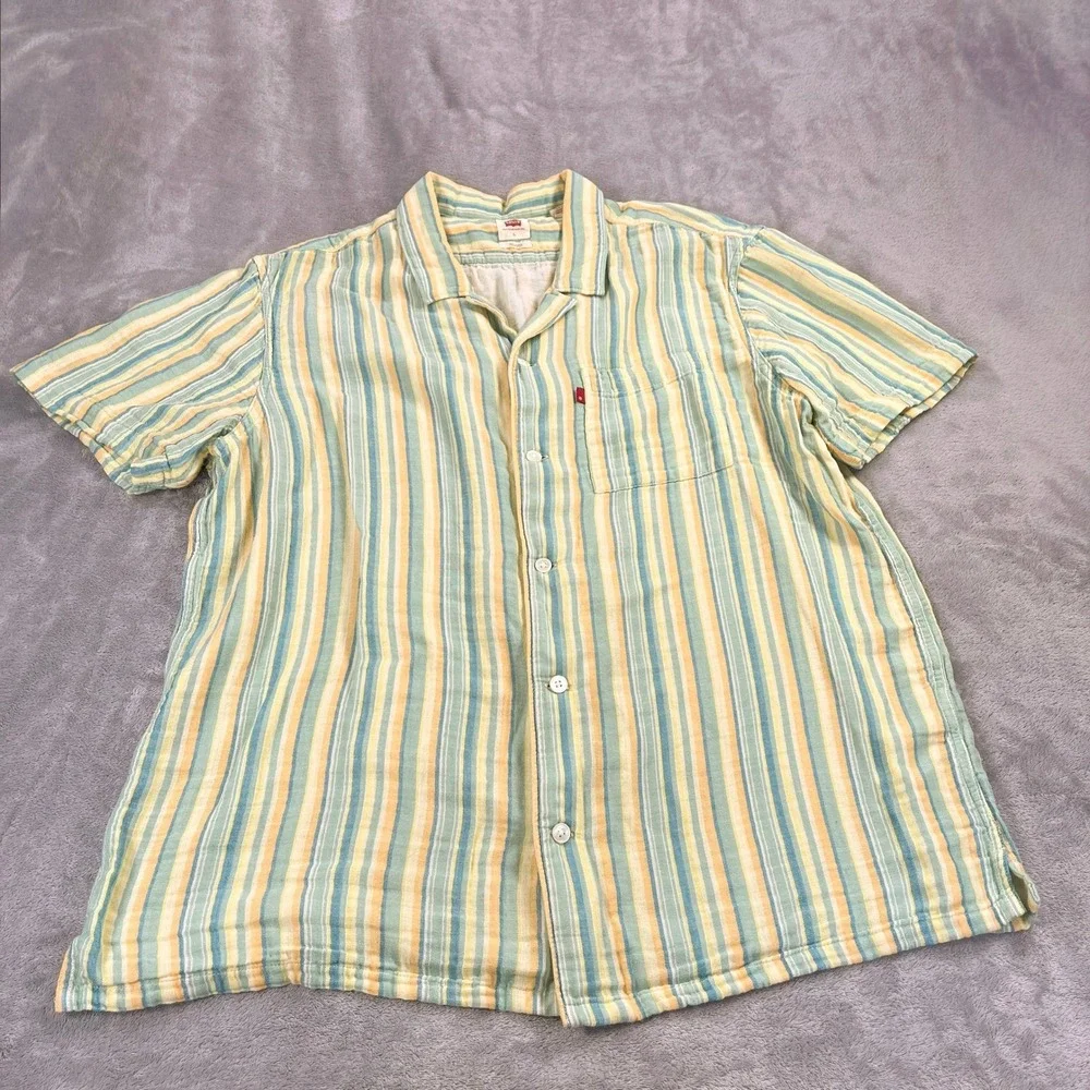 Levis Button Up L Yellow Blue Stripe Relaxed Short Sleeve Coastal Gauze Retro